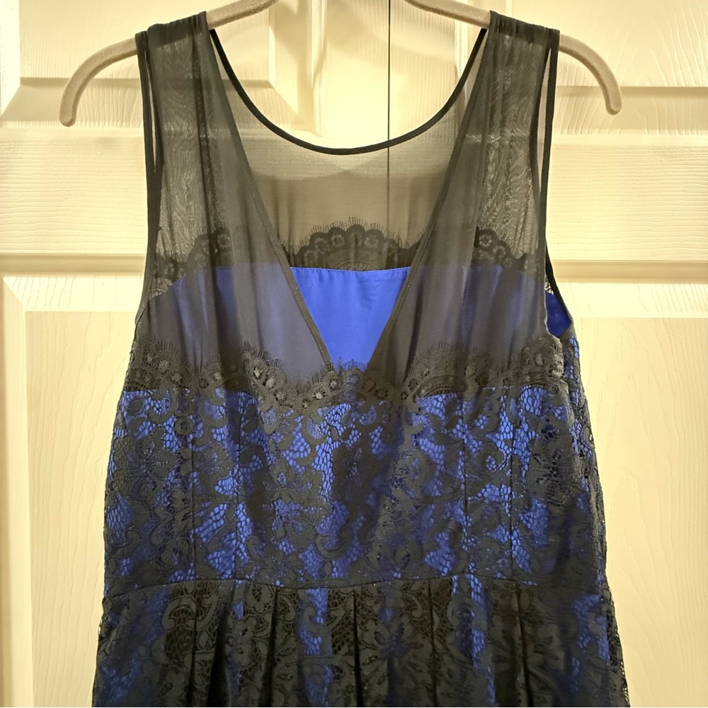 Moulinette Soeurs Anthropologie Sapphire Blue Black Lace Overlay Dress Sz 12 - Picture 6 of 7